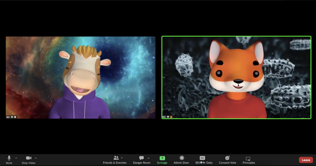 Google Hangout screenshot featuring two animal-emojis talking about BEI